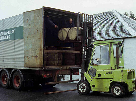 Loading casks at the Laphroaig distillery